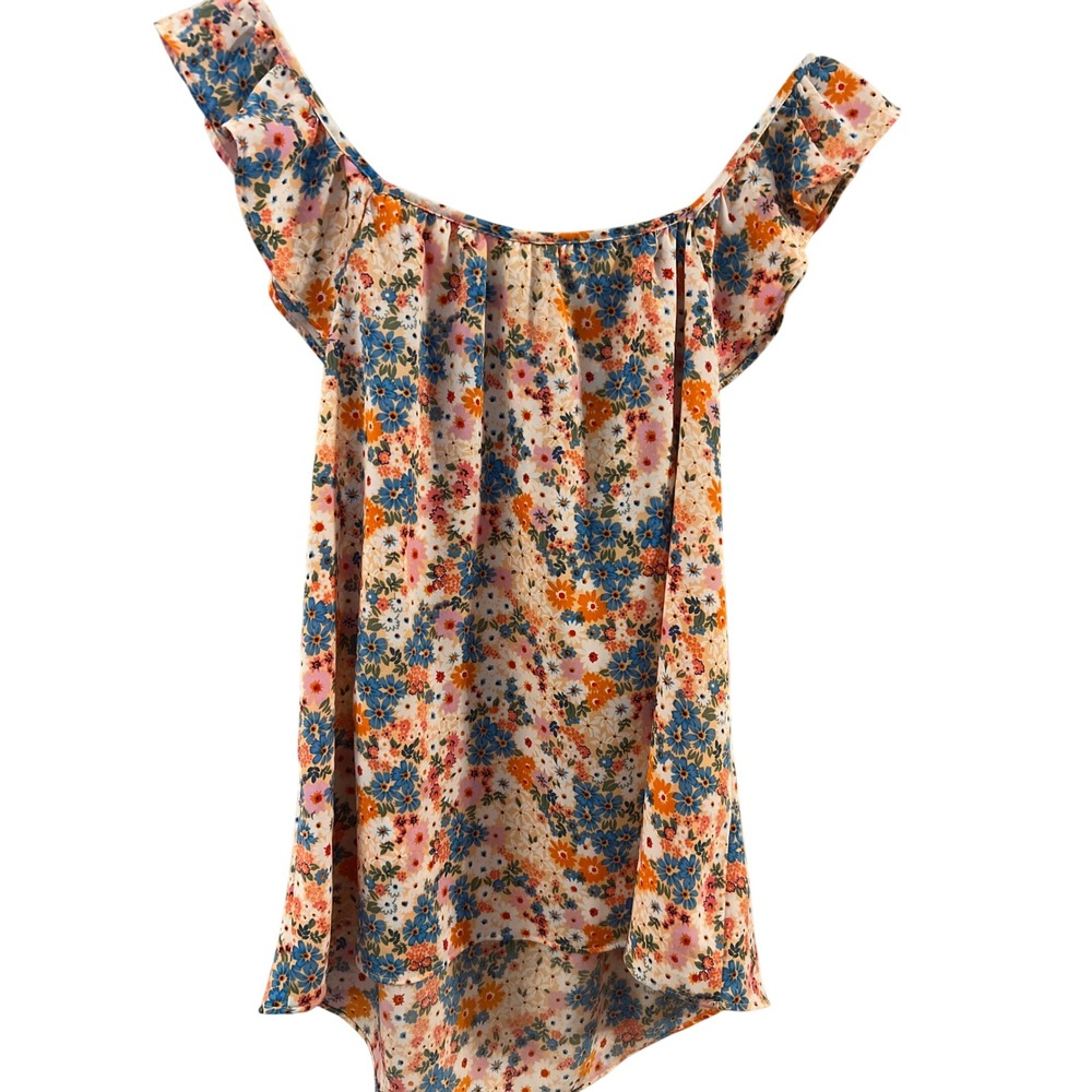 Spin Floral Ruffle Sleeve Blouse Women Orange Blue Ditsy Print‎ Excellent